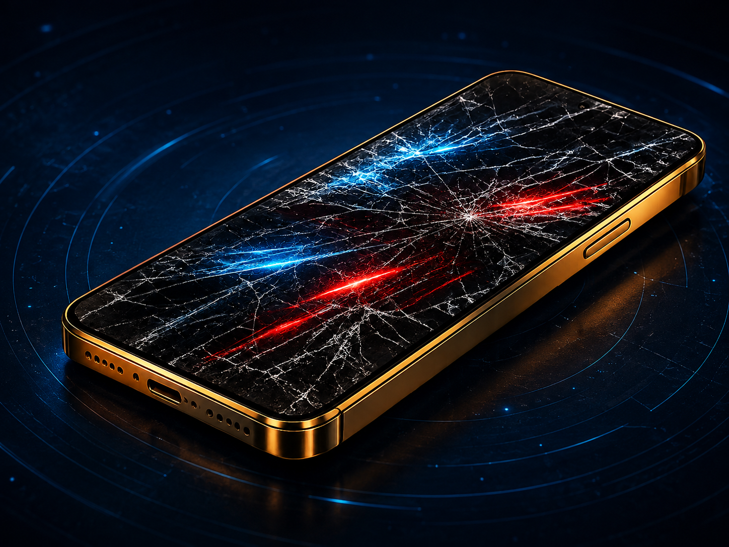 iPhone laranja em ângulo com tela quebrada